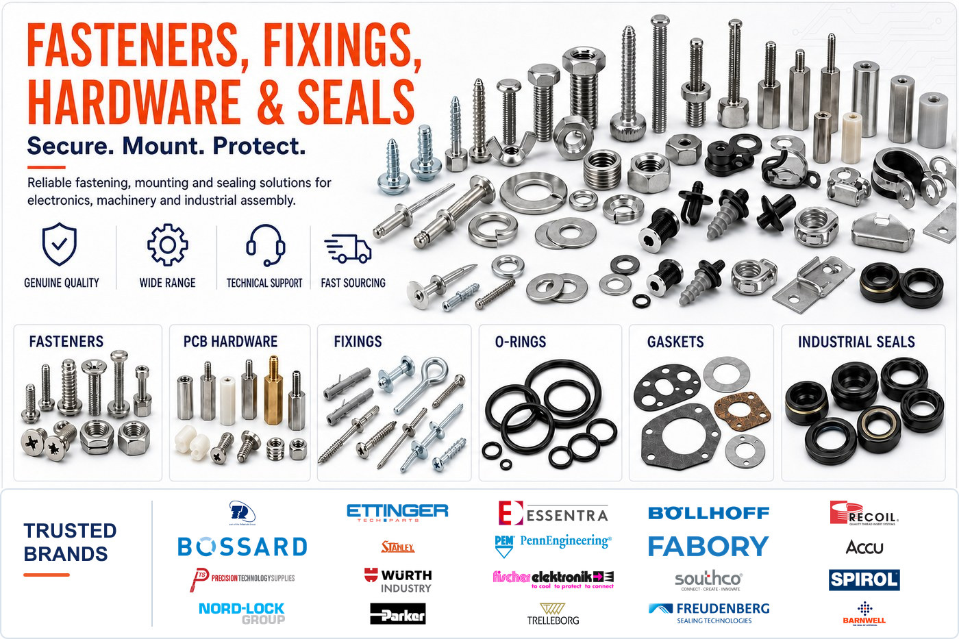 Fasteners, fixings, hardware and seals product range with genuine trusted-brand logos
